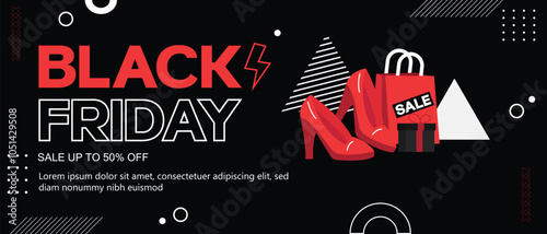 Black Friday sale with high heels and shopping bag. Vector illustrations.