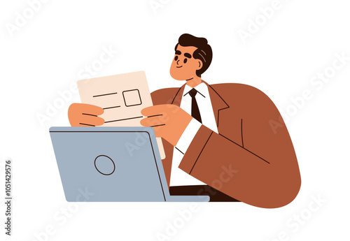 Office worker at laptop computer, holding business paper document. Man employee holding CV. Professional person with application at work. Flat vector illustration isolated on white background