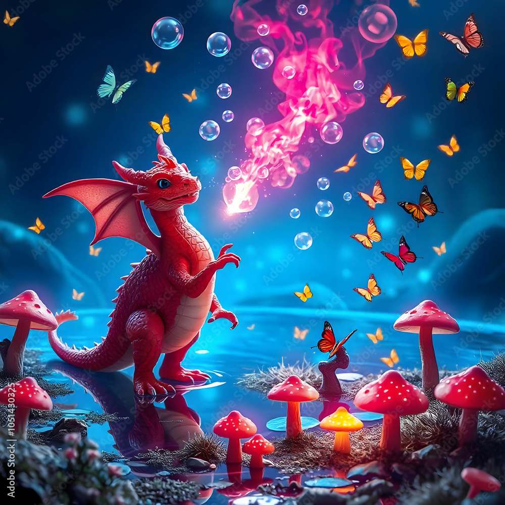 Naklejka premium In a whimsical landscape, a silly dragon blows bubbles instead of fire, delighting in its playful nature.