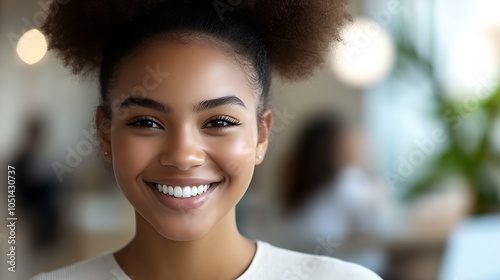 Smiling Woman in Bright Office Setting Capturing Professional and Positive Vibe : Generative AI photo