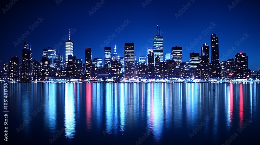 Obraz premium Modern City Skyline Reflected on Calm Water at Night with Vibrant Building Lights : Generative AI