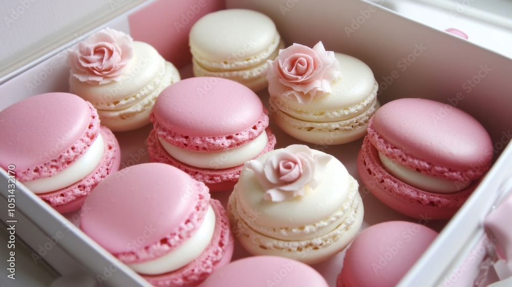 Fototapeta premium Box of pink and white macarons with delicate roses