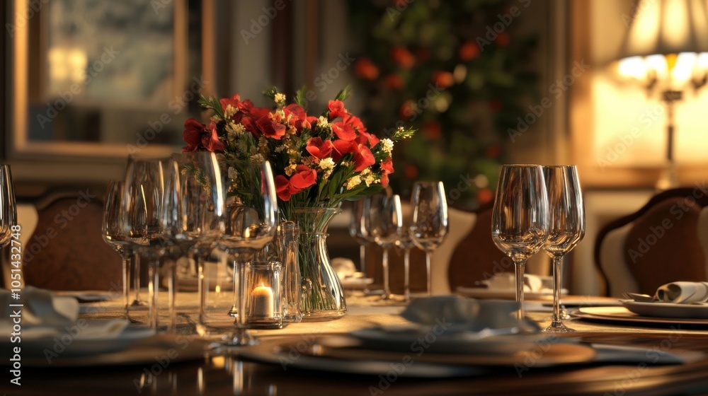 Fototapeta premium Dining room setup flowers on table decor 3d render