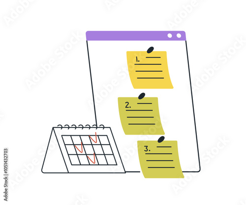 Task management concept. Planning time, organizing work with scheduling, business calendar, notes, priorities. Tracking progress, deadlines. Flat vector illustration isolated on white background