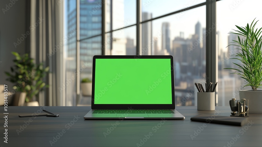 Modern Office Desk with Laptop Green Screen and City View Modern Office Desk with Laptop Green Screen and City View