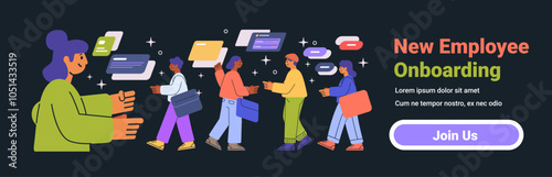 New employee onboarding concept people walking exchanging information dark background colorful elements website banner