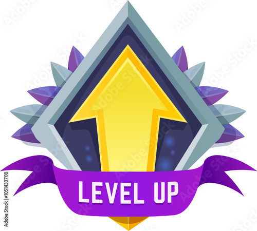 Level up award or prize badge game asset. Arcade task complete, level up rating vector icon, casino victory sign or gambling app prize UI asset with purple ribbon, golden arrow and silver leaves