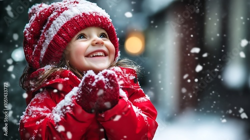 Cheerful Child in Red Winter Outfit Captivated by Falling Snowflakes Outdoors : Generative AI