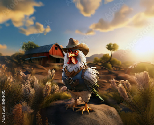 a 3d rooster character dressed as a cowboy photo