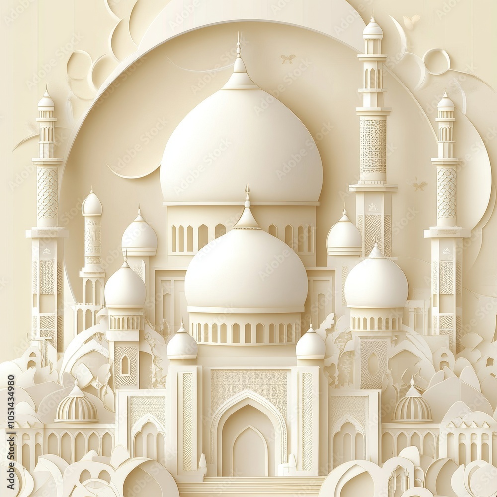 Obraz premium Vector paper art background with a mosque