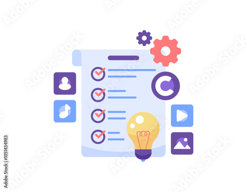 copyright regulation concept. terms of agreement and license. policy on protecting a work or content from plagiarism. illustration of a regulation paper with pencil, video, image and lamp symbols