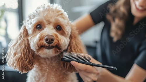 Happy Poodle Receiving a Gentle Grooming Treatment with a Combing Brush : Generative AI