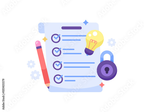 copyright regulation concept. terms of agreement and license. policy on protecting a work or content from plagiarism. illustration of a regulation paper with pencil, lamp, and padlock symbols. flat