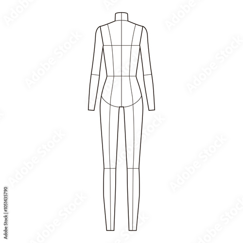 Back view of a female fashion template with body contour lines, useful for clothing design, pattern making, and technical illustration.

