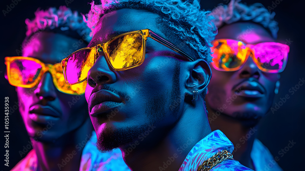 Neon-painted men in vibrant sunglasses, triad view. Neon-painted men in vibrant sunglasses, triad view.