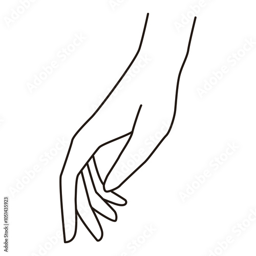 Outline of a female hand in a relaxed downward position with fingers gently curved inward, ideal for fashion design, illustration, and anatomical reference.

