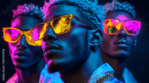 Neon-painted men in vibrant sunglasses, triad view.