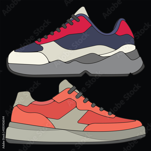 Bundling set vector sneakers shoes for training, sneakers shoe vector illustration. Sneakers color full.