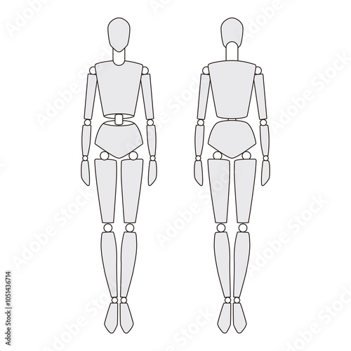 Wooden artist mannequin front and back view, ideal for drawing practice, figure studies, and anatomical reference.

