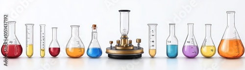 Colorful laboratory glassware, white background