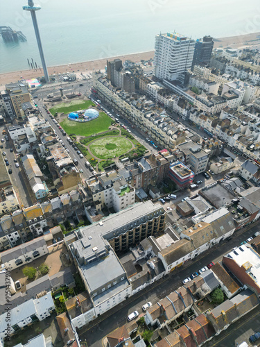 High Angle View of Most Beautiful and Attractive British Tourist Attraction of Brighton seaside resort and Beach City of East Sussex, England GB. Footage Captured with Drone's Camera on May 9th, 2024 photo