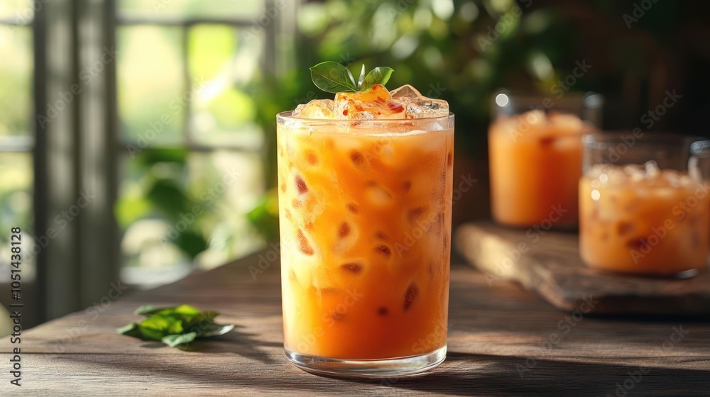 A clear glass filled with an orange drink, topped with boba pearls and sprinkled with mint. A clear glass filled with an orange drink, topped with boba pearls and sprinkled with mint.