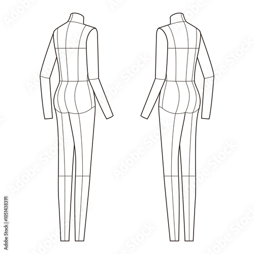 Full-body technical flat in front and back view, showing detailed seam lines and garment structure in a minimalist outline style.
