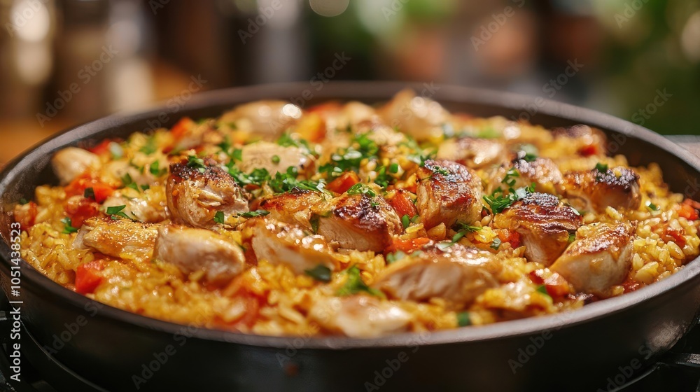 A mouthwatering pan of cooked chicken, rice, peppers, onions, and tomatoes, ready to be savored. A mouthwatering pan of cooked chicken, rice, peppers, onions, and tomatoes, ready to be savored.
