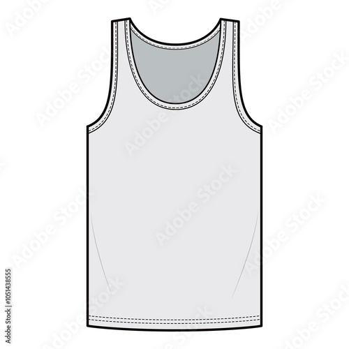Vector illustration of a sleeveless tee with a relaxed fit and round neckline, perfect for summer fashion templates, casual wear designs, and tech packs.

