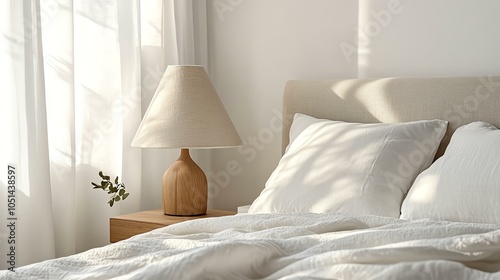 Cozy bedroom interior featuring a soft bed with white linens, a stylish lamp on a wooden nightstand, and natural light streaming through sheer curtains.