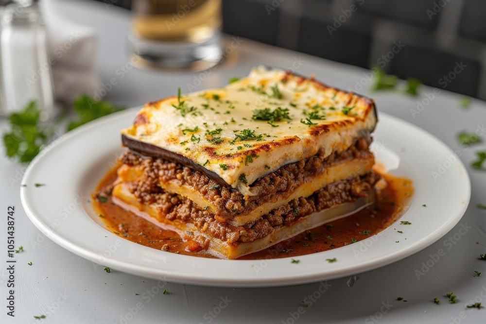 A vibrant plate of moussaka, layered with eggplant, minced meat, and bechamel sauce, garnished with fresh parsley. A vibrant plate of moussaka, layered with eggplant, minced meat, and bechamel sauce, garnished with fresh parsley.