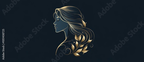 A logo design of an elegant woman with long hair in gold on a black background