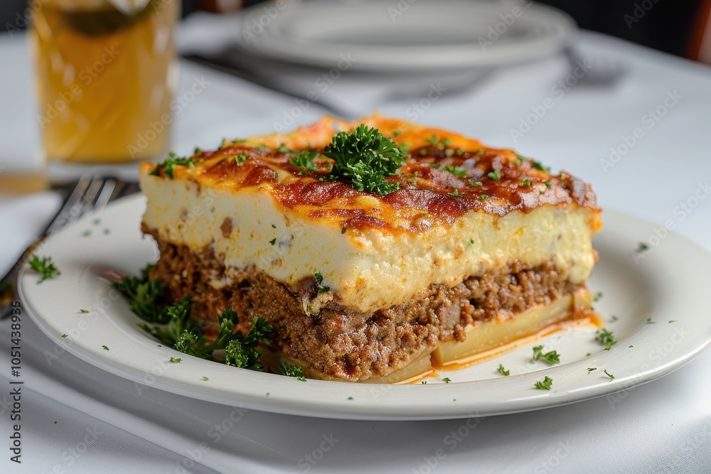 A vibrant plate of moussaka, layered with eggplant, minced meat, and bechamel sauce, garnished with fresh parsley. A vibrant plate of moussaka, layered with eggplant, minced meat, and bechamel sauce, garnished with fresh parsley.