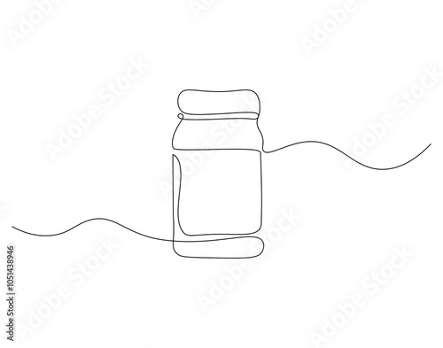 Continuous one line drawing of drug bottle, pill bottle. One line drawing illustration of supplements jar. Medical, healt care product concept single line. Editable outline