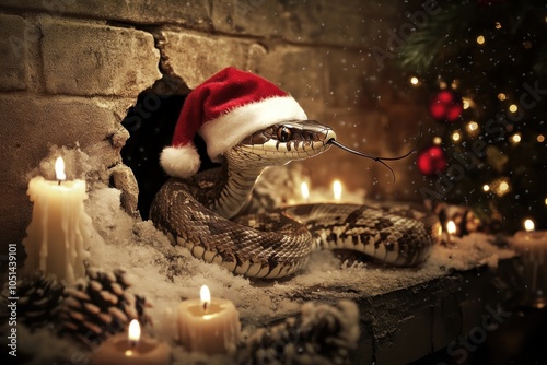 Snake in hat celebrating Christmas with candles. photo