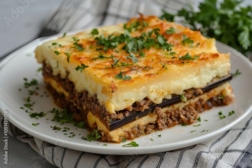 A vibrant plate of moussaka, layered with eggplant, minced meat, and bechamel sauce, garnished with fresh parsley.