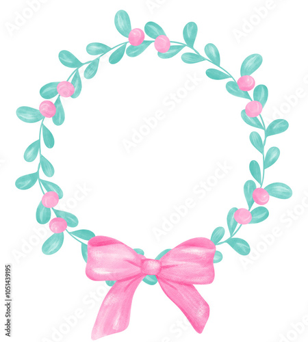 Coquette Christmas wreath with pink bow watercolor