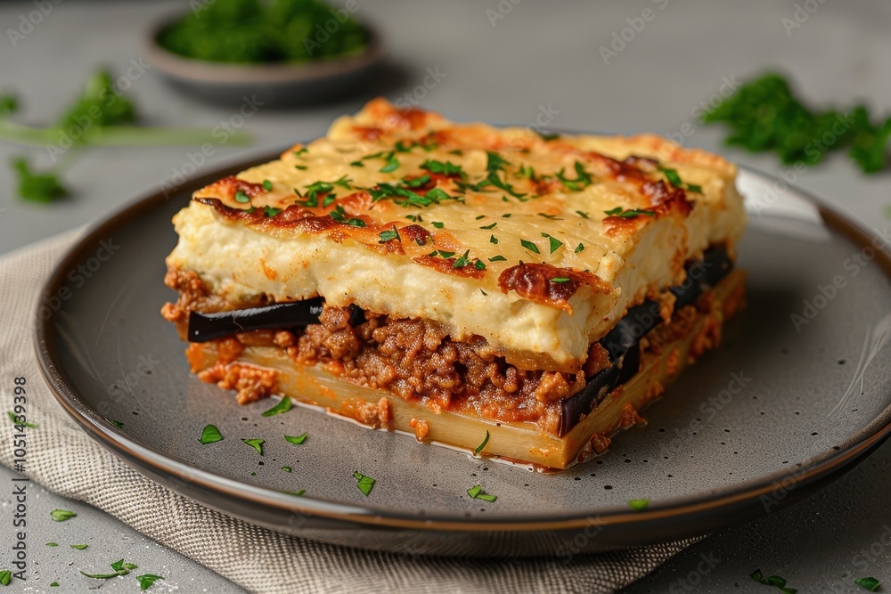 A vibrant plate of moussaka, layered with eggplant, minced meat, and bechamel sauce, garnished with fresh parsley. A vibrant plate of moussaka, layered with eggplant, minced meat, and bechamel sauce, garnished with fresh parsley.