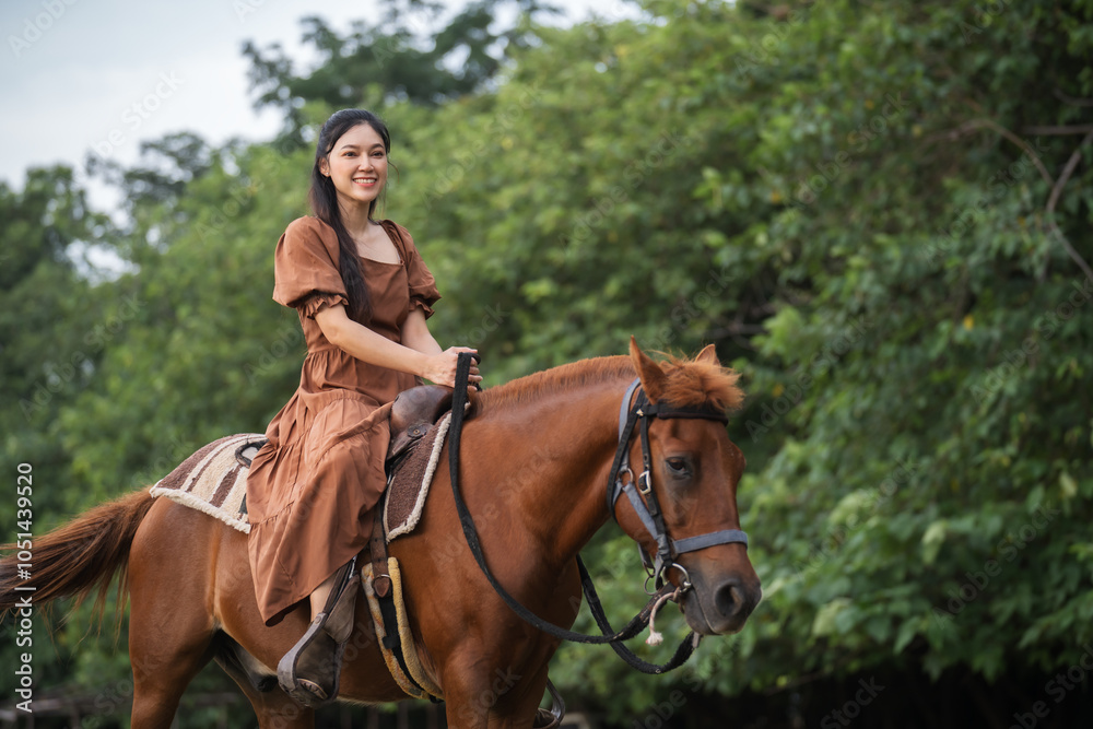 happy woman riding horse on meadow field happy woman riding horse on meadow field