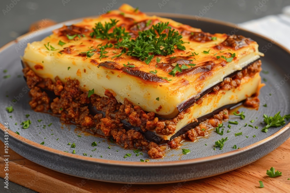 A vibrant plate of moussaka, layered with eggplant, minced meat, and bechamel sauce, garnished with fresh parsley.