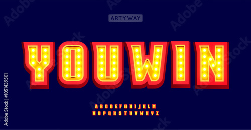 Illuminated marquee alphabet, bold glowing lights letters, retro carnival style font, 3D casino typography, flashy entertainment typographic design, festive logo and headline. Vector typeset.