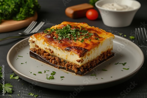 A vibrant plate of moussaka, layered with eggplant, minced meat, and bechamel sauce, garnished with fresh parsley.