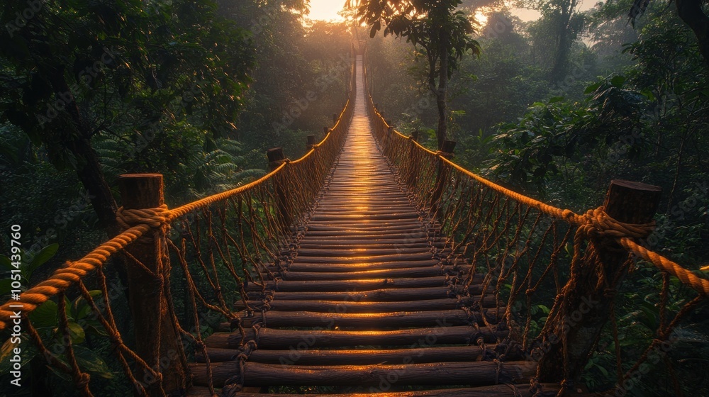 Fototapeta premium A serene suspension bridge leading through a lush forest at sunset.