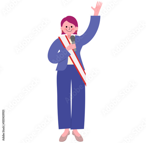 パンツスーツを着てパンプスを履いた女性が選挙の襷をかけてマイクで演説するイラスト