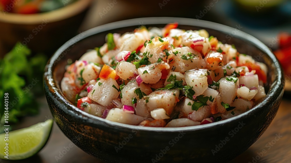 A close-up photograph of a bowl containing seafood salad, garnished with herbs and seasonings. A close-up photograph of a bowl containing seafood salad, garnished with herbs and seasonings.