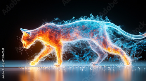  Fiery and Frosted Spirit of the Cat, Soul of a cat on dark background, perfect as wallpaper