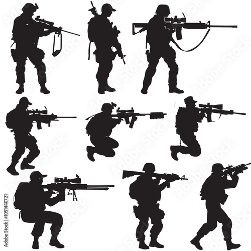 armed forces silhouette set. Collection of various realistic military Firearms