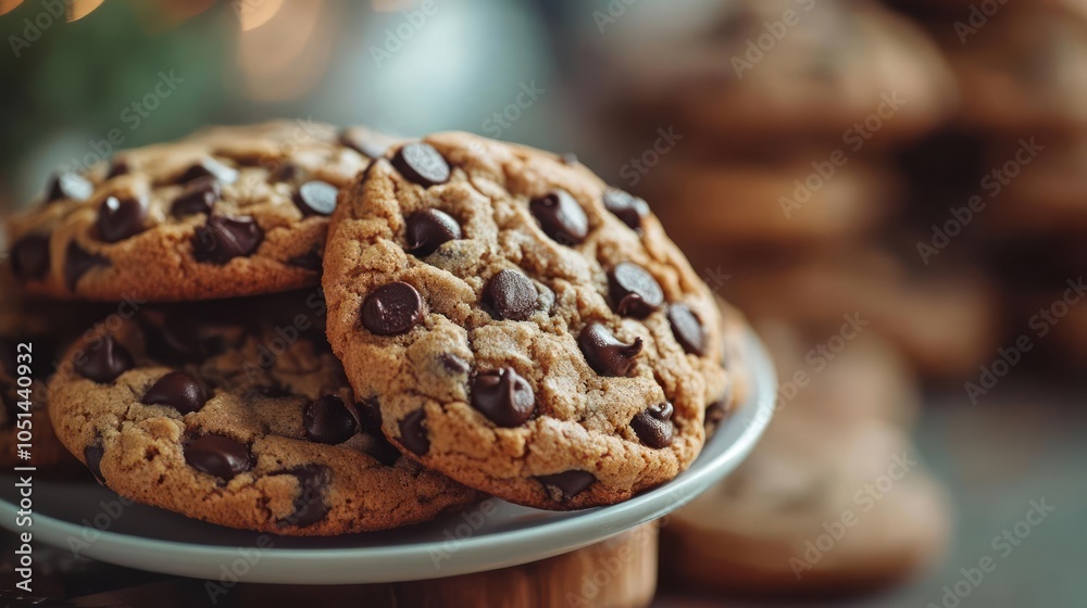 A plate with a half dozen chocolate chip cookies A plate with a half dozen chocolate chip cookies