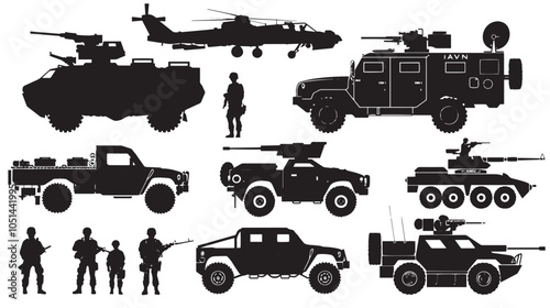 armed forces silhouette set. Collection of various realistic military vehicles