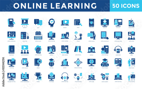 Online learning icons set with book, webinar, chat, smart, tutorial, exam, e learning, video call, instructor, online fitness icon. Simple flat vector 
